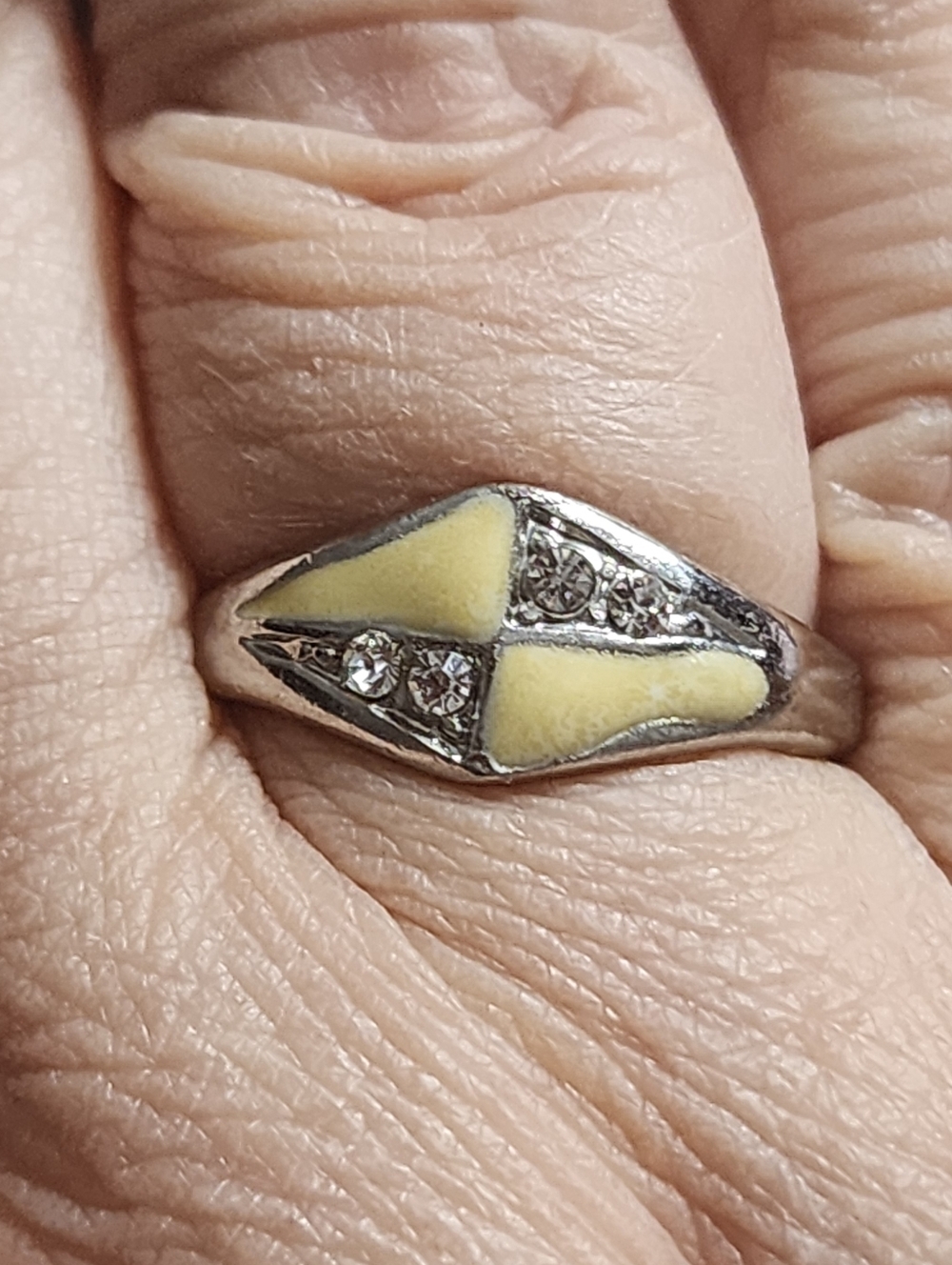 Silvertone Yellow Enamel Crystal Accent Ring
